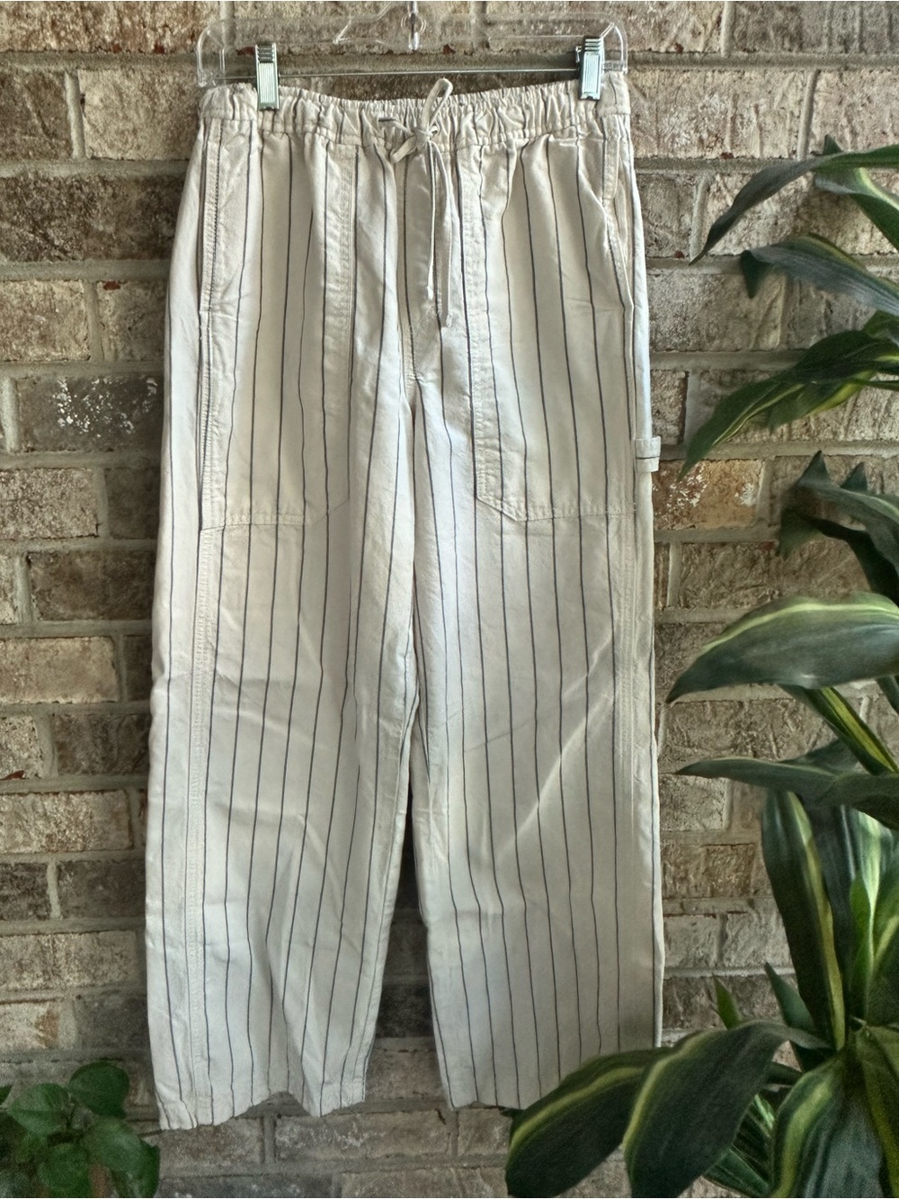 Aerie Womens Cream Pinstripe Drawstring Relaxed Wide leg Trouser Pants XS